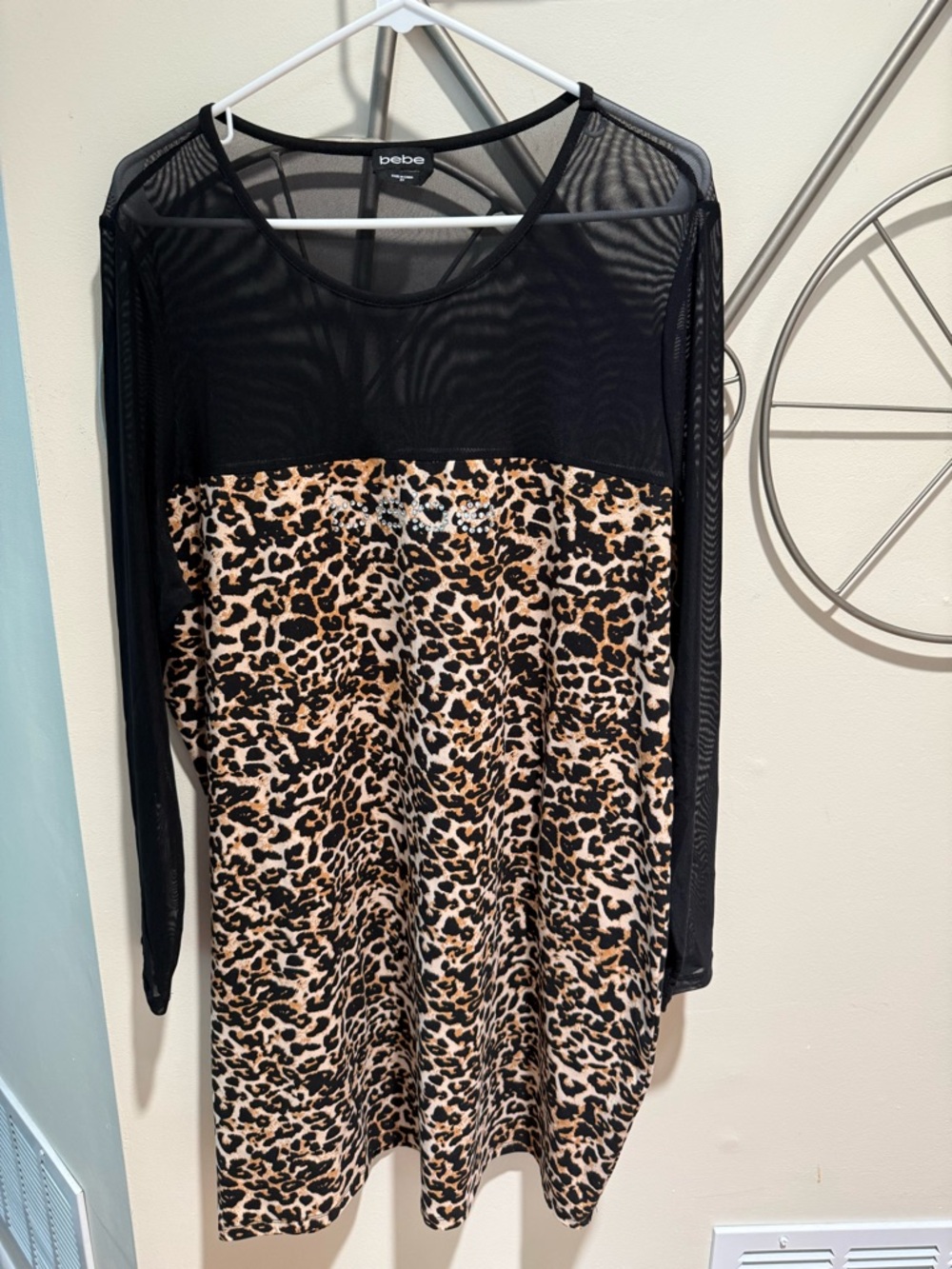bebe Leopard Print Mesh Panel Dress - Black & Tan Size 2X Y2K